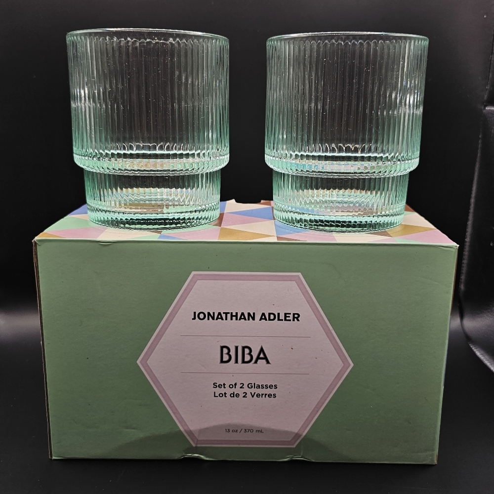 New Jonathan Adler Biba - Ribbed Aquamarine Glaases (2)